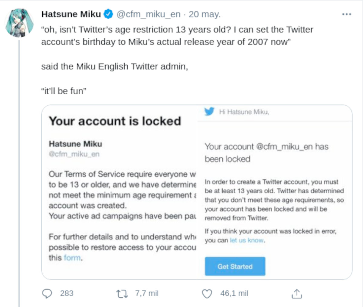 Hatsune Miku quedó fuera de Twitter por un tiempo