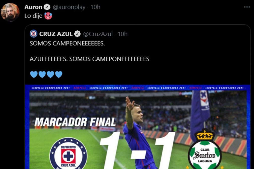 AuronPlay predijo la victoria del Cruz Azul en la Liga MX