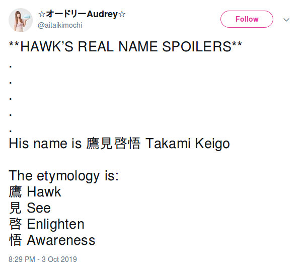 Se revela el nombre de Hawks en My Hero Academia