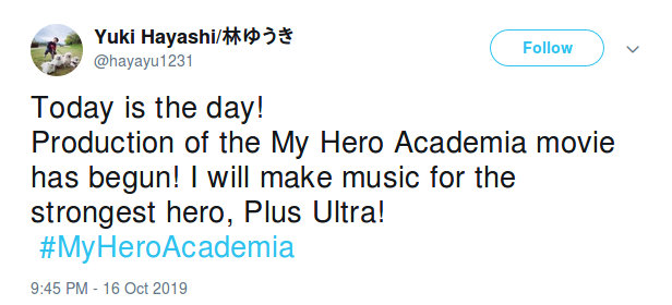 El trabajo de musicalizar la película de My Hero Academia ya inició