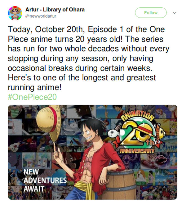 El anime de One Piece cumple 20 años y los fans lo celebran