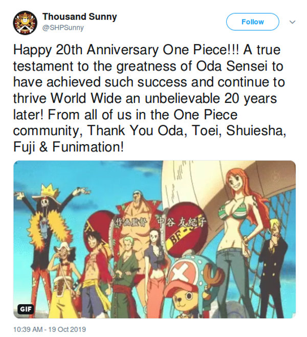 El anime de One Piece cumple 20 años y los fans lo celebran