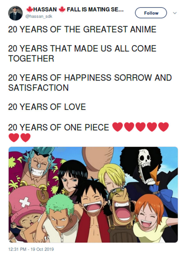 El anime de One Piece cumple 20 años y los fans lo celebran