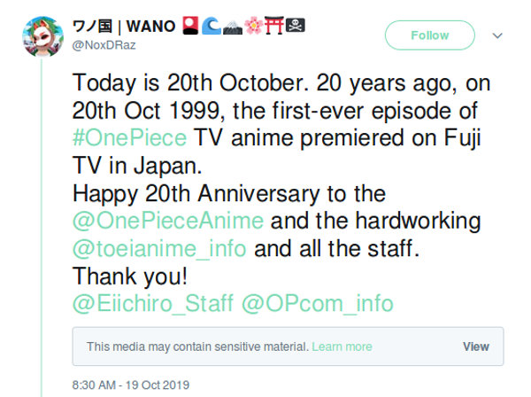 El anime de One Piece cumple 20 años y los fans lo celebran