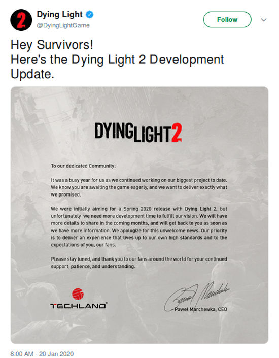 Dying Light 2 se retrasa de forma indefinida