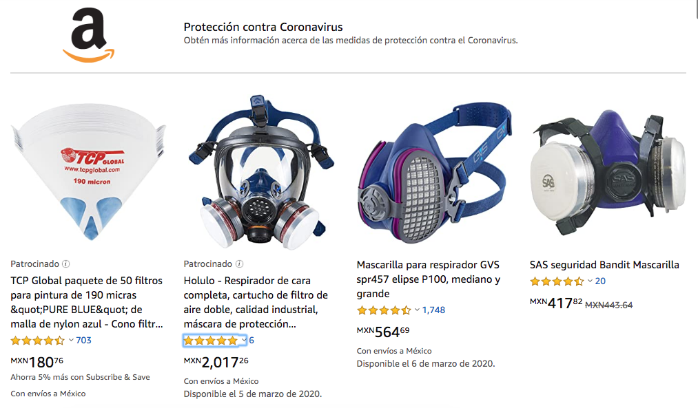 Máscaras coronavirus en Amazon