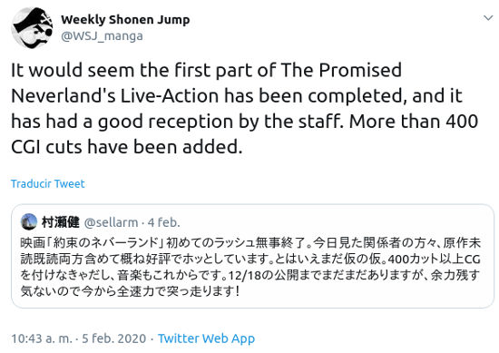 La película live-action de The Promised Neverland avanza en su filmación