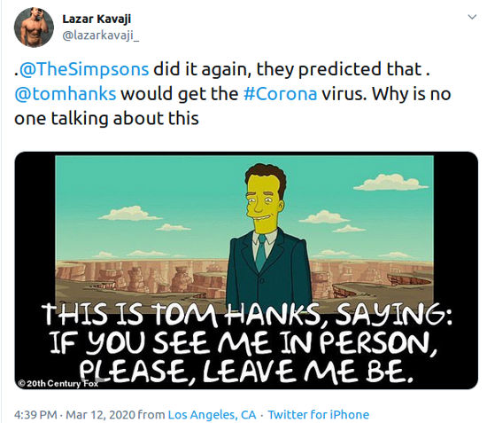 Los Simpson: Fans descubren 'forzadísima predicción' de Tom Hanks y el coronavirus
