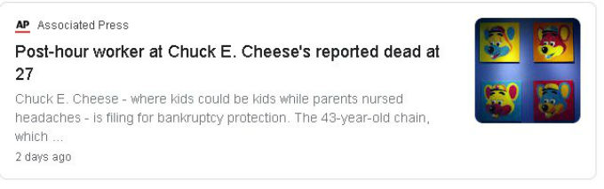 Noticia sobre la muerte de un empleado de 27 años en Chuck E Cheese