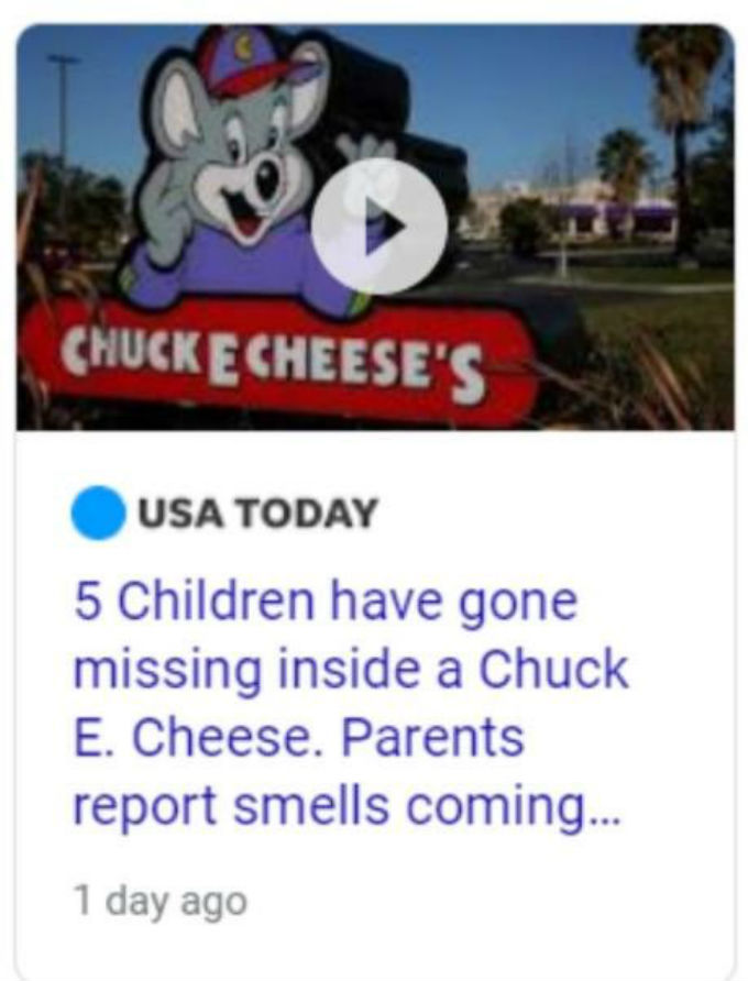 Noticia falsa sobre la desaparicion de cinco niños en Chuck E Cheese