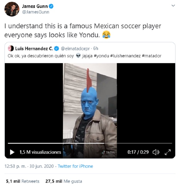 Respuesta de James Gunn al video de Luis Hernández como Yondu
