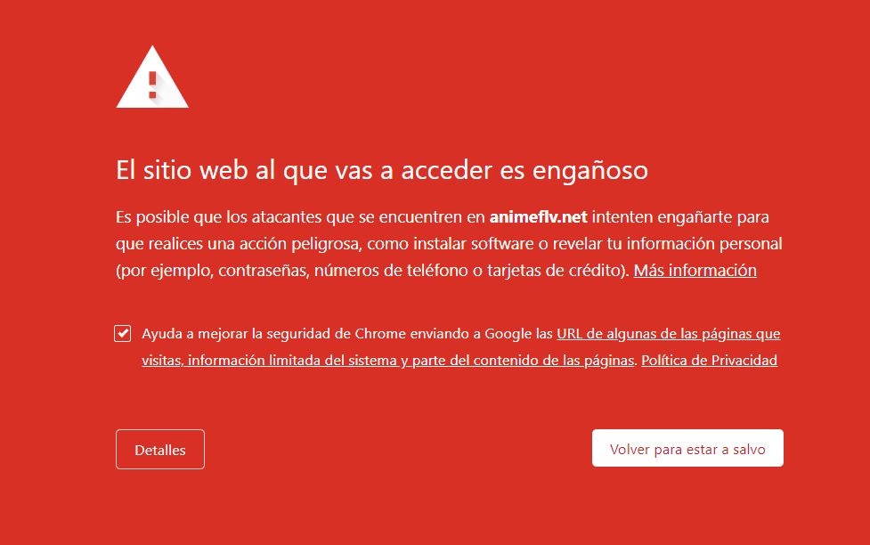 AnimeFLV advertencia de virus por parte de Google.