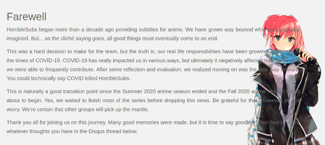 El sitio de anime pirata HorribleSubs murió debido al coronavirus
