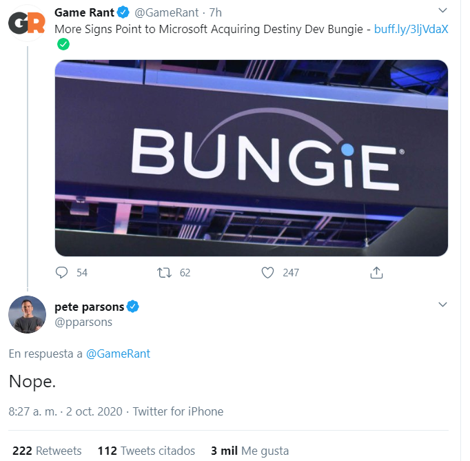 El rumor de la compra de Bungie por parte de Microsoft es falso.