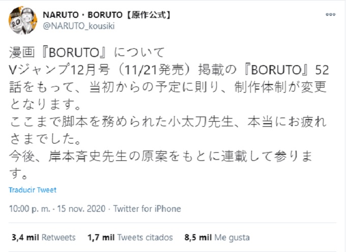 Creador de Naruto escribira Boruto