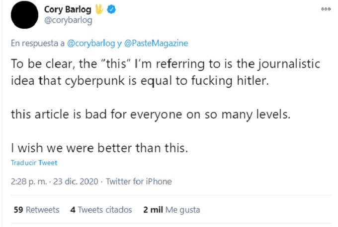 Comentario de cory Barlog sobre Articulo de Cyberpunk 2077