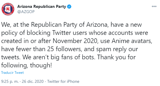 Arizon Republican Party sobre los íconos de anime en Twitter.