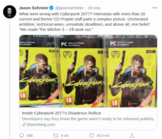 Cyberpunk 2077 era un desastre, y la directiva ignoró los reclamos