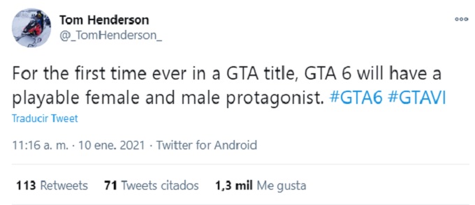 Tweet donde se revela que GTA 6 será protagonizado por una mujer