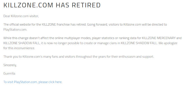 El sitio de Killzone se desvanece y preocupa a los fans