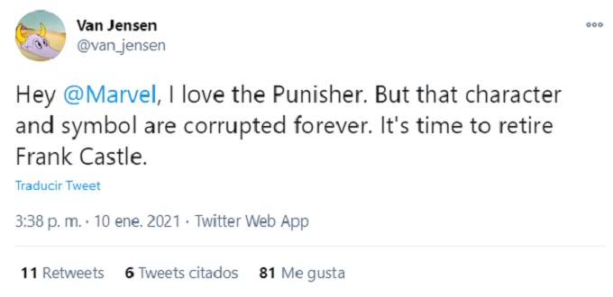 Comentario que habla sobre retirar a Punisher de Marvel.