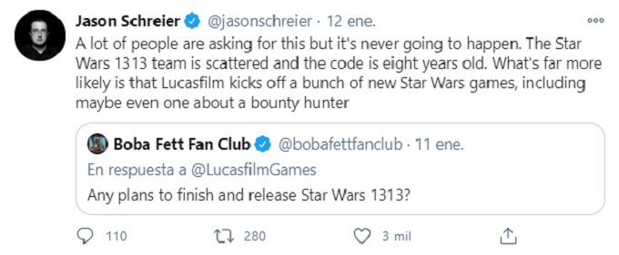 Tweet de Jason Schreier sobre el próximo juego de Star Wars.