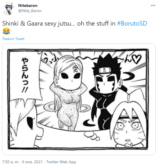 Boruto imagina el sexy jutsu de Gaara y Shinki.