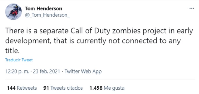 Tweet sobre un juego de zombies de Call of Duty