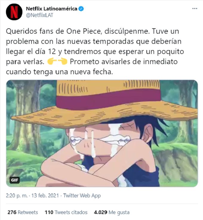 Comunicado de Netflix sobre One Piece