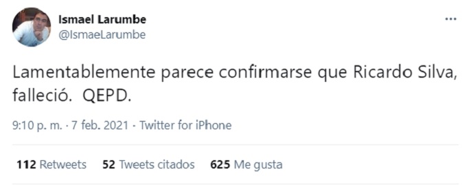 Mensaje de Ismael Larumbe por muerte de Ricardo Silva