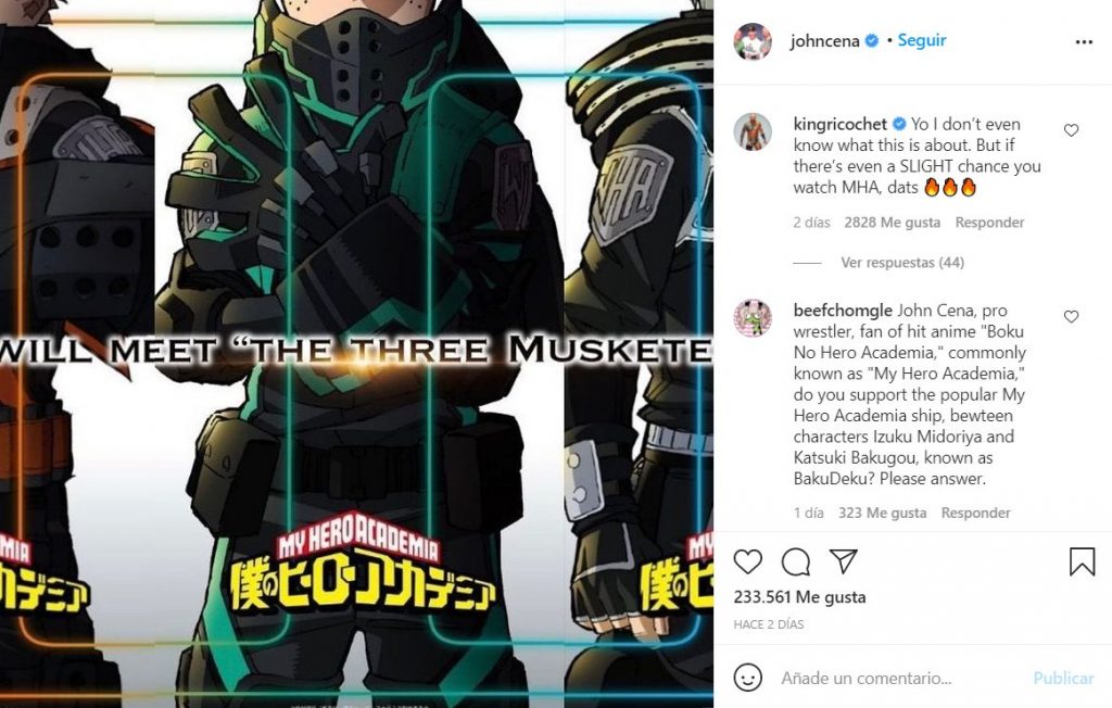 John Cena compartió en su Instagram un póster de My Hero Academia, haciendo énfasis en la postura de Deku, muy similar a la del luchador.