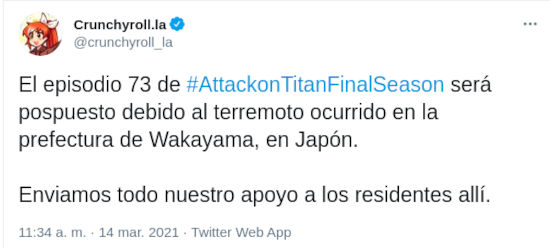 Shingeki no Kyojin es retrasado por terremoto en Japón