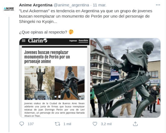 Estatua de Levi de Shingeki no Kyojin en Argentina y Chile, ¿es verdad?