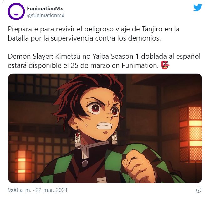 Tweet de Funimation sobre el doblaje latino de Kimetsu no Yaiba