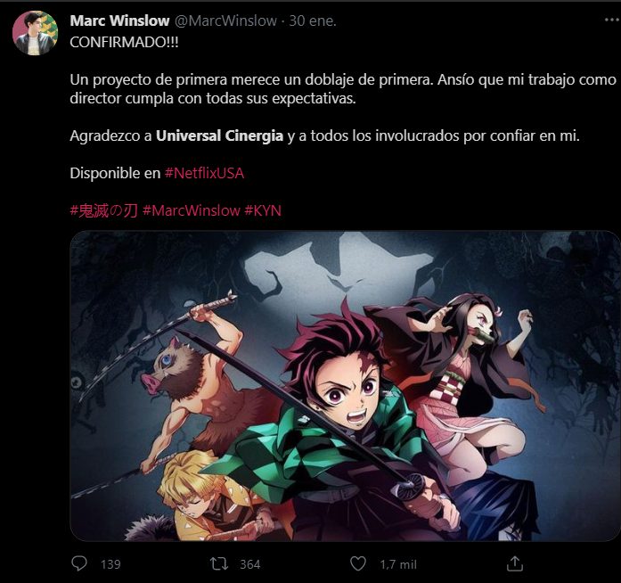 tweet de Marc Winslow sobre el doblaje de kimetsu no yaiba