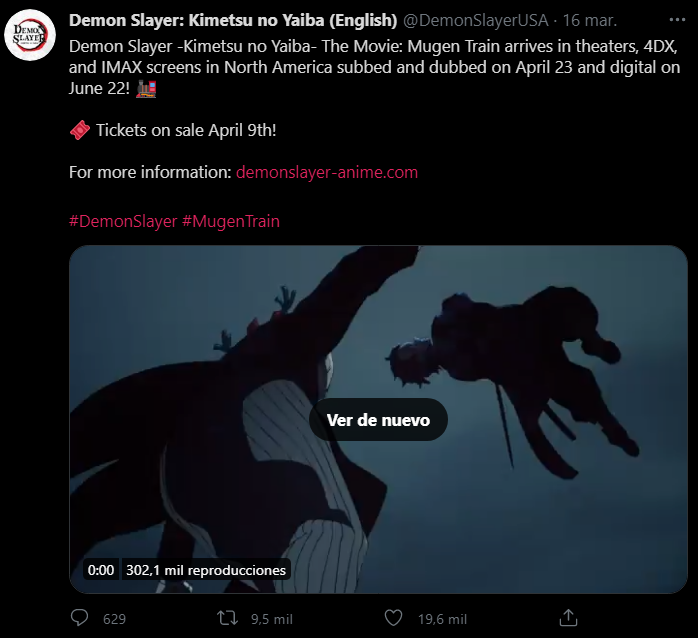 Tweet de revelación de Kimetsu no Yaiba la película