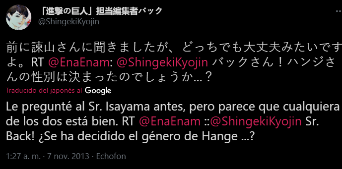 tweet de la cuenta oficial Shingeki no Kyojin