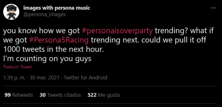 Tweet sobre el trending de persona 5 racing