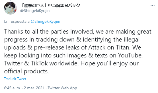 La editorial de Shingeki no Kyojin está haciendo todo lo posible para evitar más filtraciones y piratería del manga antes de su final.