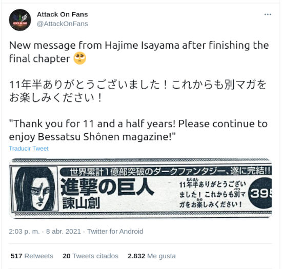 Creador de Shingeki no Kyojin despide a la serie