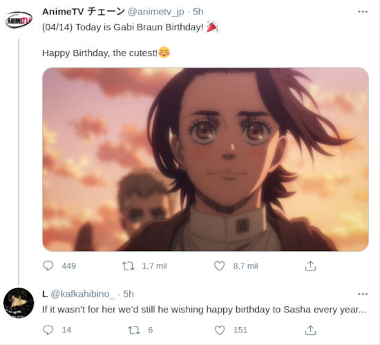 Así ‘celebraron’ los fans el cumpleaños de Gabi de Shingeki no Kyojin