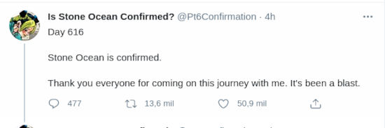 Fans celebran el anuncio del anime de  JoJo’s Bizarre Adventure: Stone Ocean