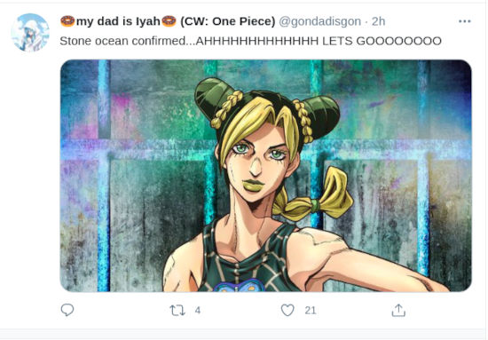 Fans celebran el anuncio del anime de  JoJo’s Bizarre Adventure: Stone Ocean