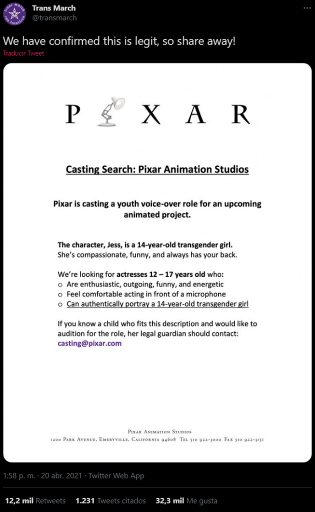 tweet pixar disney convocatoria actriz trans