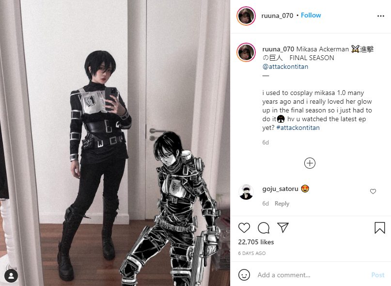 Shingeki no Kyojin, cosplay Mikasa final del manga 