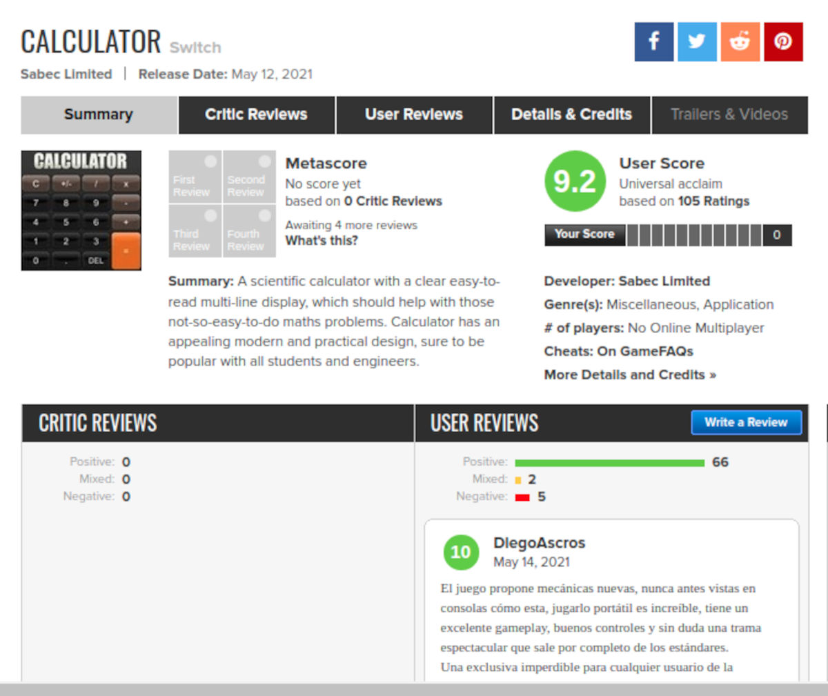 Calculator en Nintendo Switch sorprende por sus reseñas