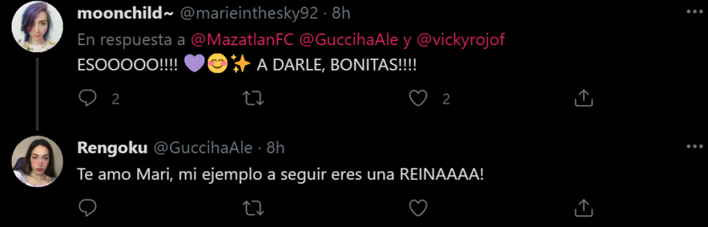 Tweet de apoyo a Viko Rojo y Guacchi videojugadoras por el Mazatlán FC