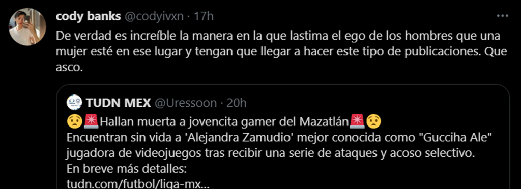 muestras de apoyo a Gucciha ale de la eLiga MX Mazatlán Fc por violencia machista